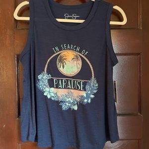 Navy blue tank top with summery beach graphic.